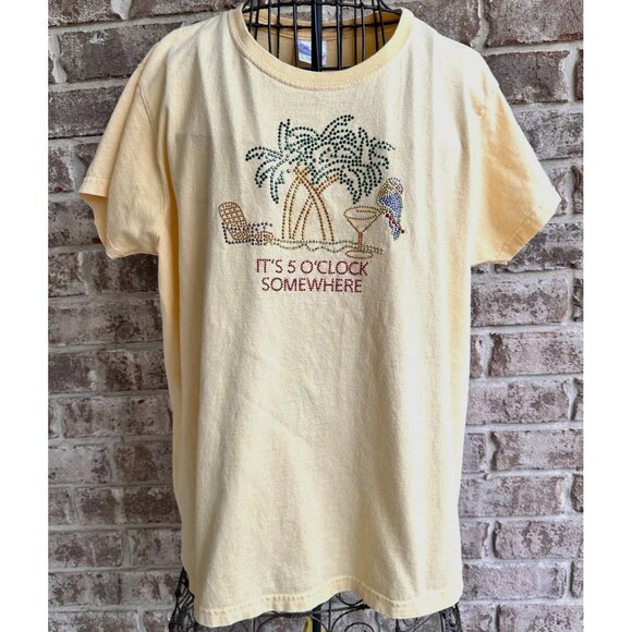 Vintage 5 O Clock Somewhere T Shirt Large Yellow Rhinestones Cocktail Parrot EUC - Picture 2 of 6